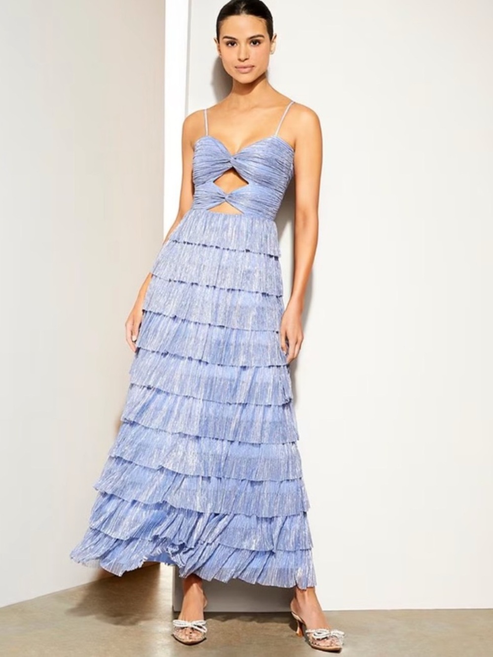 Gianni Bini Grace Metallic Plisse Sweetheart Neck cut-out tiered dress
